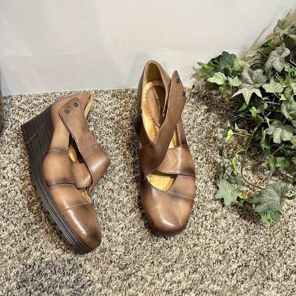 Earth Spindrift Leather Mary Jane Wedges Cinnamon Comfort Shoes Women Size 8 B - Picture 1 of 10